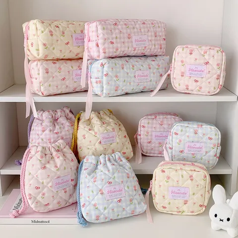 Trousse à Maquillage en Coton Piqué Coréen Plaid Tulipe Pochette à Cordon Florale Multifonctionnelle Sac de Voyage Trousse à Crayons