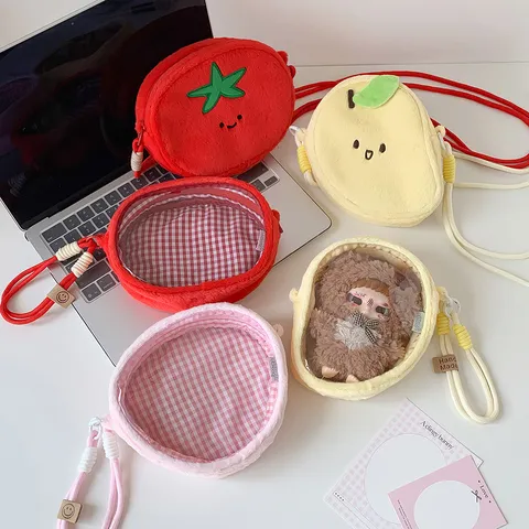 Cute Cartoon Plush Doll Display Bag Clear PVC Window Transparent Dustproof Pouch With Hanging Rope For Mini Cotton Doll Pendant Storage Organizers