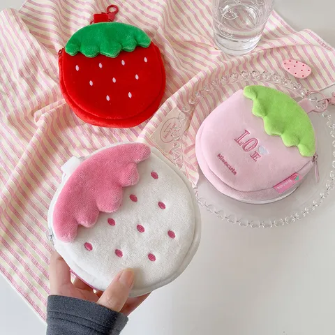 Strawberry Plush Coin Purse Cute Earphone Data Cable Lipstick Storage Bag Cartoon Fruit Kawaii Wallet Pouch Key Chain