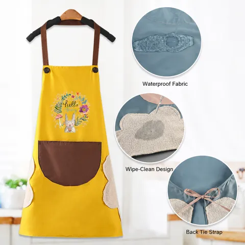 Waterproof Oilproof Kitchen Apron For Women Men Cute Rabbit Print PVC Cooking Bib With Hand Wiping Towel Pockets Home Chef Wear