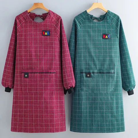 Long Sleeve Plaid Apron Cotton Breathable Anti Fouling Kitchen Smock With Pockets Unisex Cooking Workwear Apron