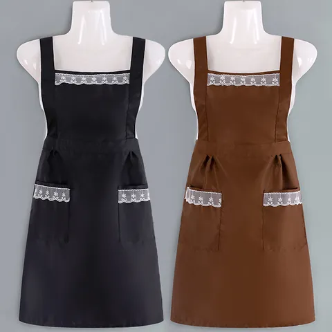 Grembiule da Lavoro in Stile Coreano Donna Casa Cucina Cottura Grembiule Antimanchas Con Bordo in Pizzo e Tasche