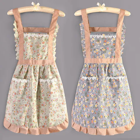 Grembiule da Cucina in Tela da Donna Carino Stile Principessa Floreale Volant Grembiule da Cucina con Doppie Tasche Bavaglino Domestico