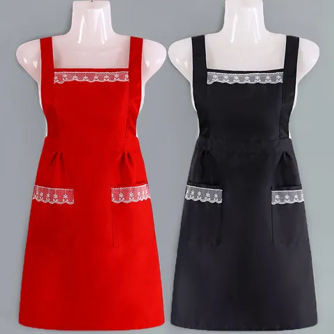 Grembiule da Lavoro in Stile Coreano Donna Casa Cucina Cottura Grembiule Antimanchas Con Bordo in Pizzo e Tasche