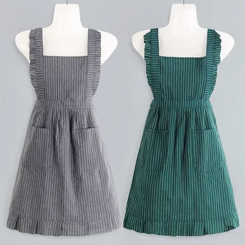 Grembiule Principessa in Cotone da Donna Volant Senza Maniche Grembiule da Cucina Carino A Righe Grembiule per Lavori Domestici con Tasche