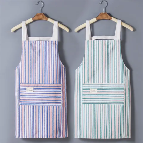 Cotton Linen Striped Apron Kitchen Cooking Bib Apron With Pockets For Men Women Working