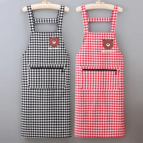 Women Cotton Blend Kitchen Apron Waterproof Anti-Oil Cooking Bib With Zipper Pocket Plaid Cute Home Workwear