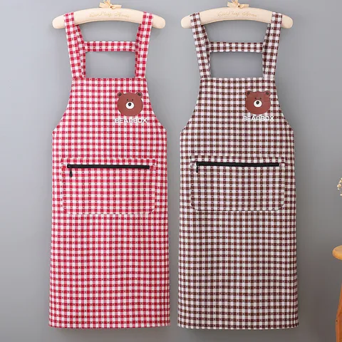 Women Cotton Blend Kitchen Apron Waterproof Anti-Oil Cooking Bib With Zipper Pocket Plaid Cute Home Workwear