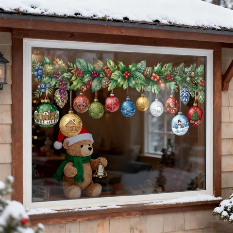 Christmas Berry Lantern Static Glass Window Stickers For Holiday Party Decoration Double Sided Printed PVC Decals