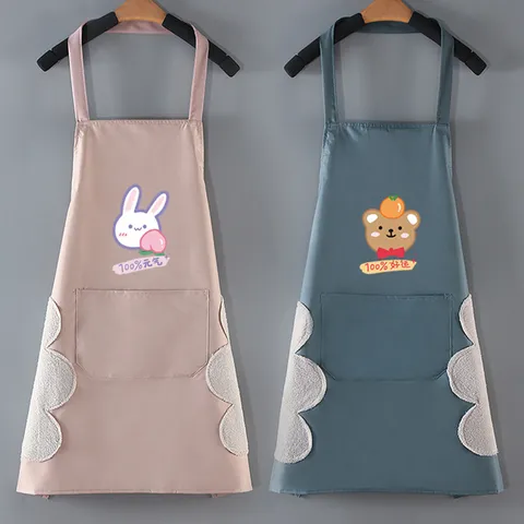 Grembiule da Cucina in PVC Impermeabile per Donna Simpatico Stampa Orso Coniglio Cartone Animato Grembiuli da Chef con Tasche per Asciugamani