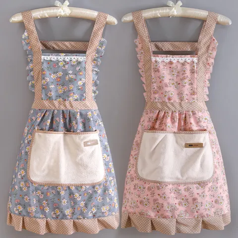 Grembiule in Cotone Floreale Dolce Stile Coreano Donna Cucina Domestica Antimacchia Traspirante Carino Volant Cucina Abito da Lavoro Grembiule in Vita