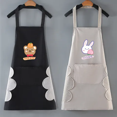 Grembiule da Cucina in PVC Impermeabile per Donna Simpatico Stampa Orso Coniglio Cartone Animato Grembiuli da Chef con Tasche per Asciugamani