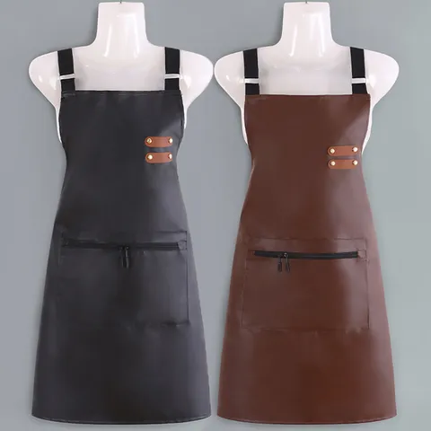 Waterproof PU Leather Kitchen Apron For Women Men Home Cooking Oil-Proof Korean Style Solid Color Work Apron
