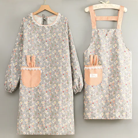 Stile Coreano Carino Grembiule da Cucina in Tela Floreale Con Orecchie di Coniglio Camice a Maniche Lunghe Set Bavaglino da Cucina Per Donne
