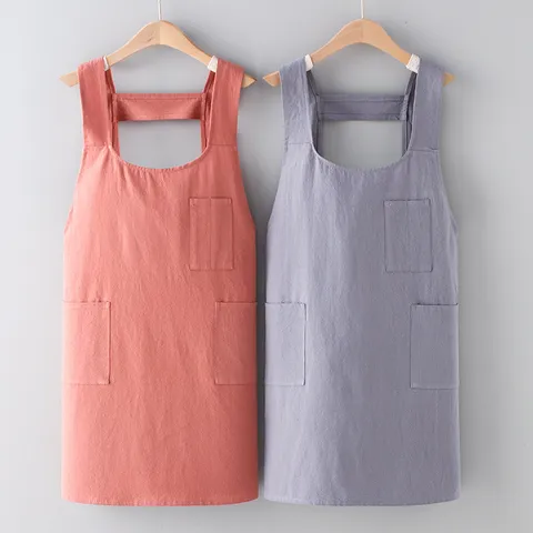 Japanese Style Cotton Crepe Apron Cross Back Straps Pockets Cute Solid Color Kitchen Cooking Workwear Smock Women