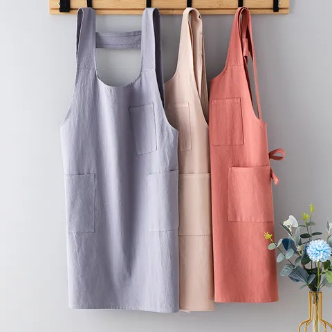 Japanese Style Cotton Crepe Apron Cross Back Straps Pockets Cute Solid Color Kitchen Cooking Workwear Smock Women