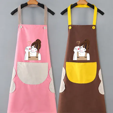 Waterproof Kitchen Apron For Men Women Cute Cartoon Print Wipeable Hand Towels Large Pocket Working Apron