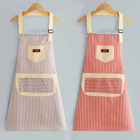 Grembiule da Cucina a Righe in Cotone e Lino Grembiule con Pettorina Regolabile con Tasche Grembiule da Lavoro per Donne Cucina Casa