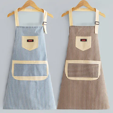 Grembiule da Cucina a Righe in Cotone e Lino Grembiule con Pettorina Regolabile con Tasche Grembiule da Lavoro per Donne Cucina Casa