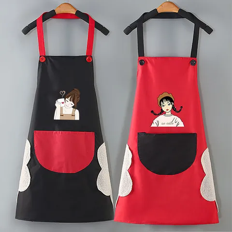 Grembiule da Cucina in PVC Impermeabile e Resistente all'Olio Stampa Ragazza Cartoon Grembiuli da Cucina Con Tasche Asciugamano per Donne