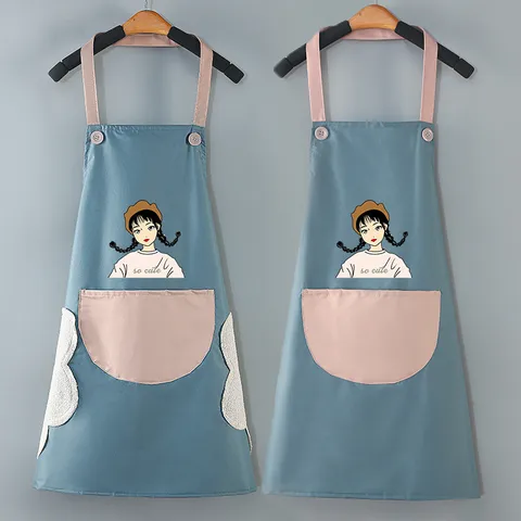 Grembiule da Cucina in PVC Impermeabile e Resistente all'Olio Stampa Ragazza Cartoon Grembiuli da Cucina Con Tasche Asciugamano per Donne