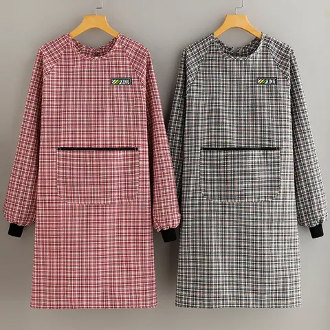 Long Sleeve Cotton Plaid Apron Kitchen Cooking Waterproof Breathable Working Smock With Pockets For Women Men Home