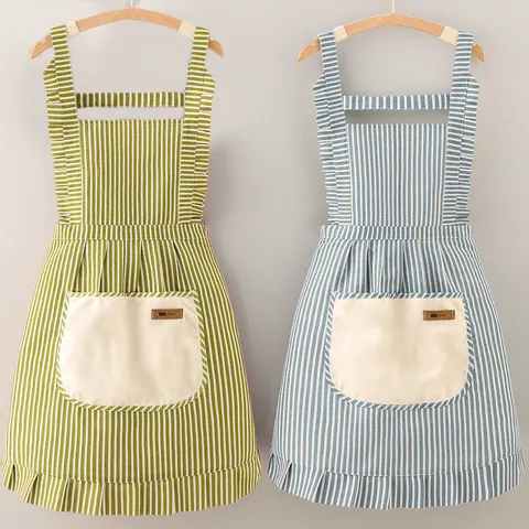 Women Cotton Linen Apron Kitchen Working Household Striped Ruffle Anti-Fouling Bib Apron With Large Pockets