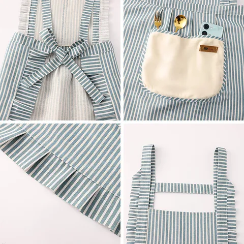 Women Cotton Linen Apron Kitchen Working Household Striped Ruffle Anti-Fouling Bib Apron With Large Pockets