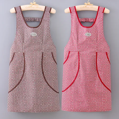 Waterproof Oil-Proof Kitchen Apron Modern Minimalist Plaid Smock With Large Pockets Comfortable Home Cooking Workwear