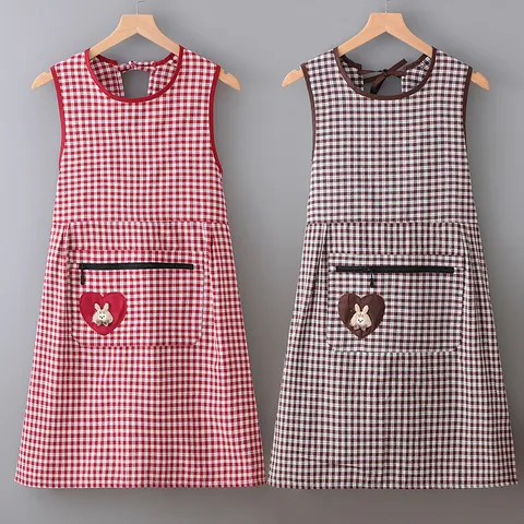 Cute Heart Rabbit Plaid Apron Cotton Kitchen Anti Fouling Sleeveless Bib Aprons For Women Home Cooking Baking