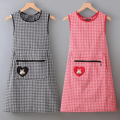 Cute Heart Rabbit Plaid Apron Cotton Kitchen Anti Fouling Sleeveless Bib Aprons For Women Home Cooking Baking