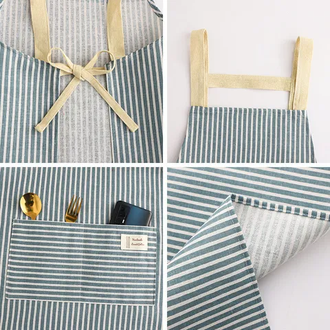 Cotton Linen Striped Apron Cross Back Kitchen Cooking Work Apron Stain Resistant Modern Minimalist Apron For Women