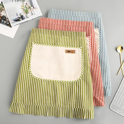Cotton Linen Half Apron For Women Kitchen Cooking Striped Ruffle Design With Pocket Adjustable Waist Ties Cooking Apparel