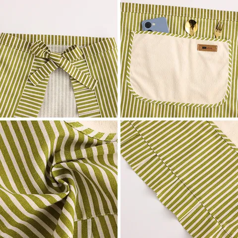 Cotton Linen Half Apron For Women Kitchen Cooking Striped Ruffle Design With Pocket Adjustable Waist Ties Cooking Apparel
