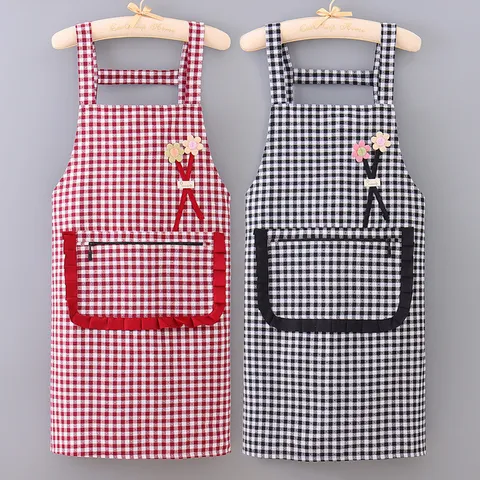 Household Kitchen Cotton Apron Plaid AntiFouling Breathable Cooking Bib Apron with Pocket Floral Decoration Women Apron
