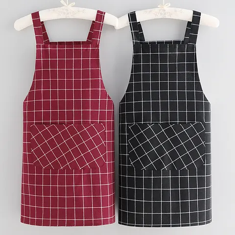 Cotton Blend Plaid Kitchen Apron For Women Men Waterproof Anti-Oil Chef Cooking Baking Waist Bib Pocket Home Kitchen Accessories