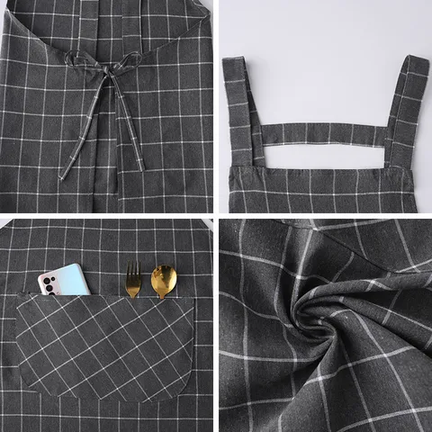 Cotton Blend Plaid Kitchen Apron For Women Men Waterproof Anti-Oil Chef Cooking Baking Waist Bib Pocket Home Kitchen Accessories