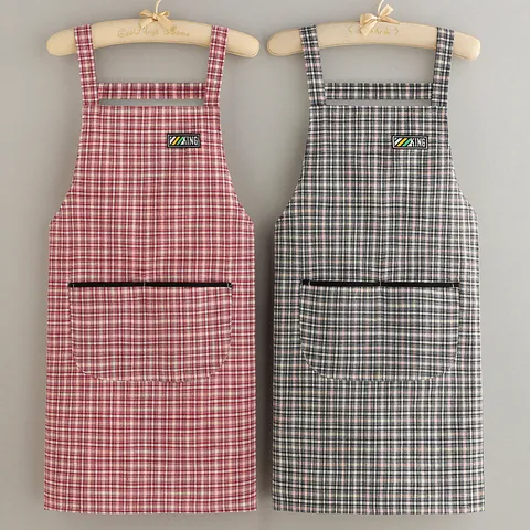 Breathable Cotton Plaid Kitchen Cooking Apron For Women Home Baking Chef Apron Adjustable Neck Strap Pocket