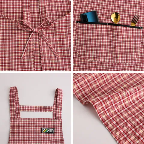 Breathable Cotton Plaid Kitchen Cooking Apron For Women Home Baking Chef Apron Adjustable Neck Strap Pocket