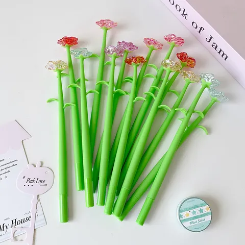 Creative Simulation Crystal Rose Flower Gel Pen Plastic Silicon 0.5mm Fine Tip Neutral Water Pen Stationery Gift For Students Office Women