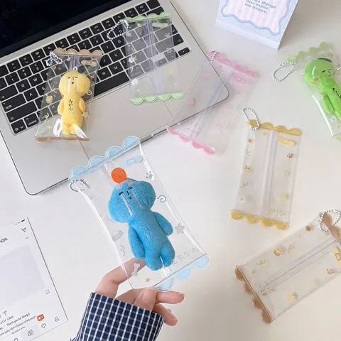 Mini Transparent PVC Doll Storage Bag With Wave Edge Keychain Kawaii Dustproof Display Case For Plush Dolls Bag Charm Decoration