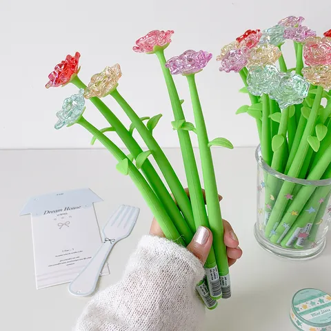 Creative Simulation Crystal Rose Flower Gel Pen Plastic Silicon 0.5mm Fine Tip Neutral Water Pen Stationery Gift For Students Office Women