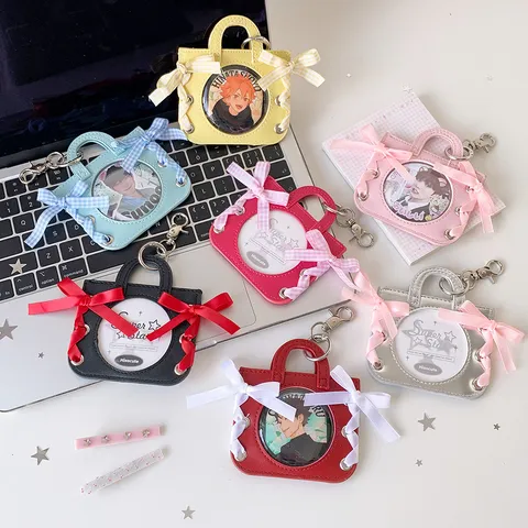 Mini Handbag Shape Badge Display Holder PU Leather Ribbon Bow Badge Protective Case For Anime Idols Bag Charm Decoration