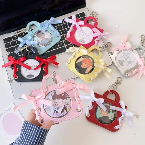 Mini Handbag Shape Badge Display Holder PU Leather Ribbon Bow Badge Protective Case For Anime Idols Bag Charm Decoration