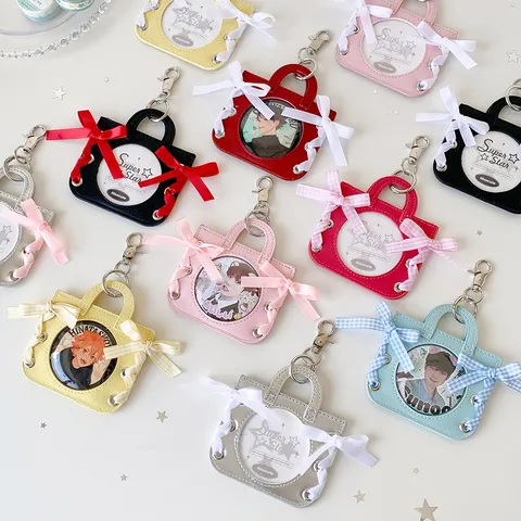 Porte-cartes en Forme de Mini Sac à Main en Cuir PU Mignon Noeud en Ruban Protecteur de Badge Pendentif de Rangement de Photocard Charm de Sac