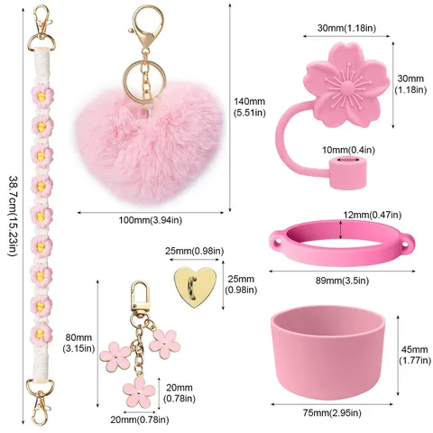 Cute Cup Accessories Set Silicone Boot Straw Cover Woven Strap Plush Ball Pendant For Water Bottle