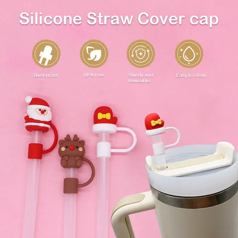 Hochets de Paille en Silicone de Noël Couverture Anti-Poussière Topper Mignon Dessin Animé Rennes Père Noël Accessoires de Tasse