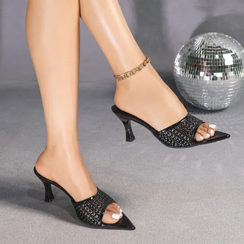 Sandales à Talons Hauts Stiletto Bout Pointu Tissé Élégant Français pour Femmes Mode Été Chaussures de Fête