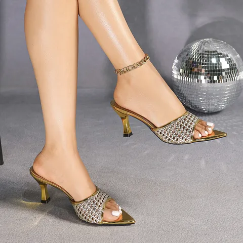 Sandales à Talons Hauts Stiletto Bout Pointu Tissé Élégant Français pour Femmes Mode Été Chaussures de Fête