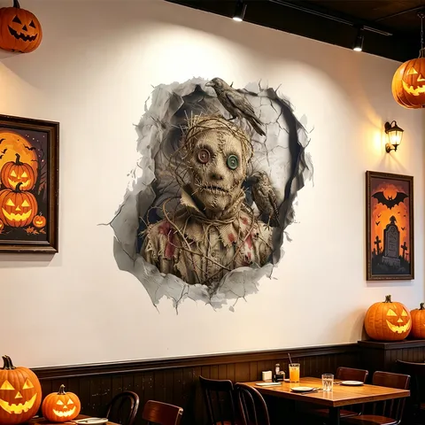 Halloween 3D Broken Wall Scarecrow And Crow Wall Sticker Horror Atmosphere Decorative Removable PVC Self Adhesive Party Decal